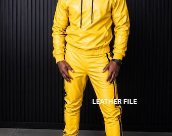 Yellow Leather Tracksuit for Men – Handmade Two Piece Streetwear Set Sweat Suit Jogger Set