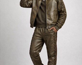 Men’s Olive Brown Leather Tracksuit | Lace-Up Leather Jacket & Pants Set | Luxury Streetwear Outfit