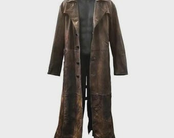 Vintage Brown Distressed Comic Long Coat Real Sheepskin Leather Halloween Costume Cosplay Winter Jacket