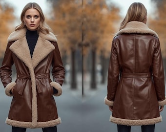 Casaco de inverno trench coat artesanal em couro de pele de carneiro - peça de roupa exterior feminina elegante