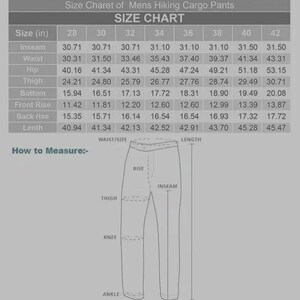 Peut inclure: Tableau des tailles pour pantalons de randonn&eacute;e pour hommes. Le tableau indique les mesures en pouces pour l'entrejambe, la taille, les hanches, la cuisse, le bas, la taille avant, la taille arri&egrave;re et la longueur, tailles 28 &agrave; 42. Un sch&eacute;ma illustre les mesures.