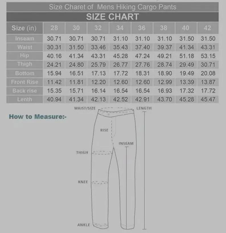 Peut inclure: Tableau des tailles pour pantalons de randonn&eacute;e pour hommes. Le tableau indique les mesures en pouces pour l'entrejambe, la taille, les hanches, la cuisse, le bas, la taille avant, la taille arri&egrave;re et la longueur, tailles 28 &agrave; 42. Un sch&eacute;ma illustre les mesures.