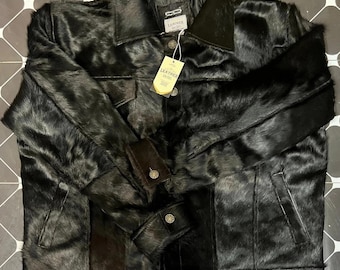 Men’s Genuine Cowhide Cow print Hair-On Leather Jacket | Jet Black Natural Pony Skin Coat