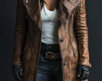 Women's Vintage Style New Leather Coat | Handmade Women's Shearling Warm Collar Trench Coat.