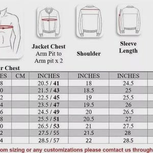 May include: A jacket size chart with measurements in inches and centimeters. The chart includes chest, arm pit to arm pit, shoulder, sleeve length, and jacket length measurements for sizes XS to 5XL. The text "Note: For Custom sizing or any customizations please contact us through messages" is at the bottom.