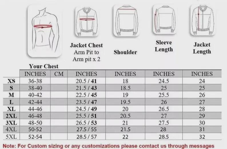 May include: A jacket size chart with measurements in inches and centimeters. The chart includes chest, arm pit to arm pit, shoulder, sleeve length, and jacket length measurements for sizes XS to 5XL. The text "Note: For Custom sizing or any customizations please contact us through messages" is at the bottom.