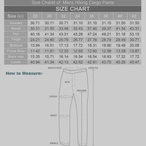 May include: Size chart for men's hiking cargo pants, with measurements in inches for sizes 28 to 42. Includes inseam, waist, hip, thigh, bottom, front rise, back rise, and length. A diagram illustrates how to measure the pants.