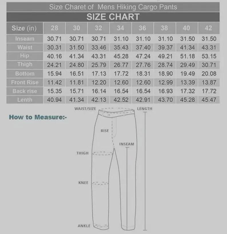 May include: Size chart for men's hiking cargo pants, with measurements in inches for sizes 28 to 42. Includes inseam, waist, hip, thigh, bottom, front rise, back rise, and length. A diagram illustrates how to measure the pants.