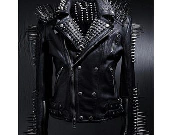 New Stylish Women's Handmade Black Color Punk Rock Long Spiked Studded Leather Jacket