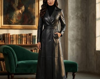 Genuine Leather Trench Long Coat for Women – Full Length Leather Duster – Winter Black Maxi Overcoat | Personalized Gift for Her Winter Coat