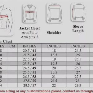 May include: A detailed size chart for jackets, featuring chest, arm pit to arm pit, shoulder, sleeve length, and jacket length measurements in inches and centimeters. Includes sizes XS to 5XL.