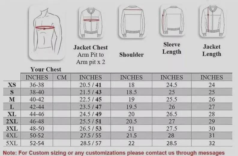 May include: A detailed size chart for jackets, featuring chest, arm pit to arm pit, shoulder, sleeve length, and jacket length measurements in inches and centimeters. Includes sizes XS to 5XL.