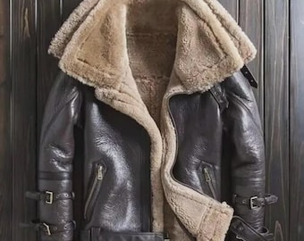 Men's RAF Flight Shearling Fur Pilot Bomber Leather Jacket - Handmade Aviator Style
