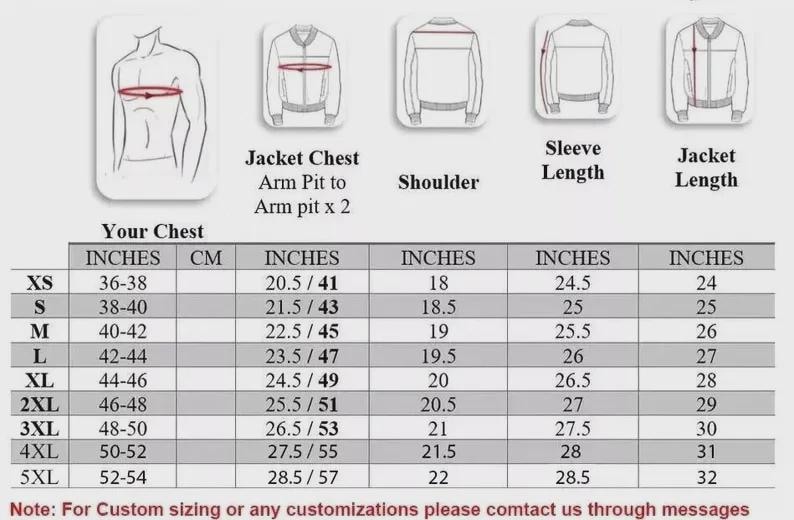 Op de afbeelding: Een maattabel voor jassen met borst-, oksel-tot-oksel-, schouder-, mouw- en jaslengtematen in inches en centimeters. Maten vari&euml;ren van XS tot 5XL.