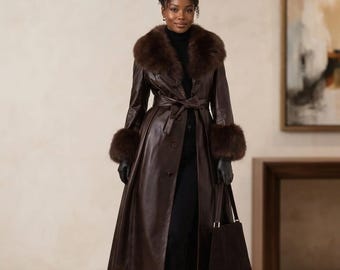 Brown Leather Trench Coat with Fur Collar and Cuffs, Belted Elegance Jacket