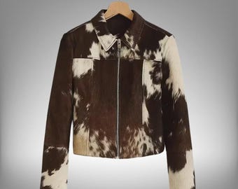 Women's Genuine Cowhide Leather Jacket – Natural Hair-On Cow Skin & Pony Hair Leather Coat