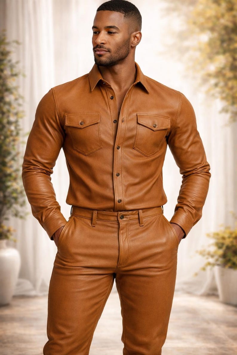 May include: A brown leather shirt and matching pants set. The shirt has two chest pockets and button closures. The pants have a classic five-pocket design. The outfit is a solid, warm brown color.