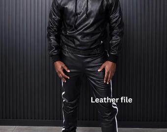 Men's Black Leather Tracksuit Set: Hooded Hoodie, Jogger Pants, Streetwear Outfit