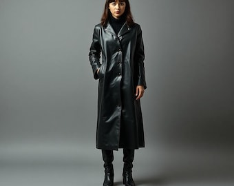 Black Leather Trench Coat, Long Belted Gothic Style Jacket, Elegant Winter Overcoat