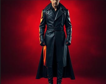 Men's Black Leather Trench Coat, Gothic Matrix Style Belted Overcoat