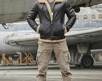 Mens Black Raf B3 Bomber Shearling Fur Sheepskin leather Flight Pilot  Jacket Coat