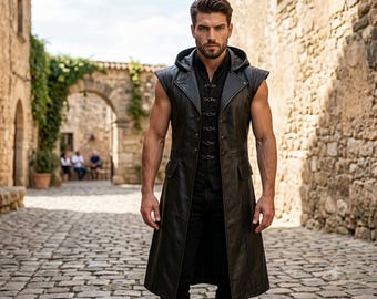 Men's Medieval Assassins Creed Style Hooded Leather Trench Coat - Sleeveless Duster Cosplay Long Vest with Hood