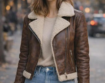 Women’s New Brown Shearling Leather Jacket | Fur Lined Warm Aviator Jacket | Vintage style biker coat.