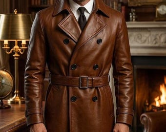 Men's Brown Leather Double Breasted Trench Coat, Vintage Style Overcoat Jackman