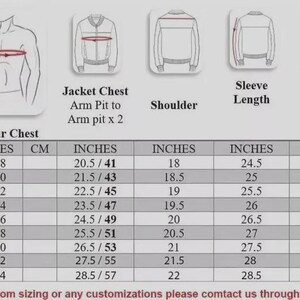 Peut inclure: Tableau des tailles de vestes indiquant les mesures de la poitrine, de l'aisselle &agrave; l'aisselle, des &eacute;paules, des manches et de la longueur de la veste en pouces et en cm. Tailles allant de XS &agrave; 5XL.