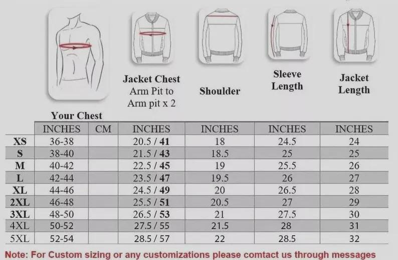 Peut inclure: Tableau des tailles de vestes indiquant les mesures de la poitrine, de l'aisselle &agrave; l'aisselle, des &eacute;paules, des manches et de la longueur de la veste en pouces et en cm. Tailles allant de XS &agrave; 5XL.