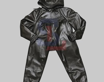 Conjunto deportivo de dos piezas de piel de oveja auténtica para hombre, sudadera con capucha y pantalones negros, hecho a mano.