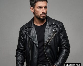 Men's Black Quilted Genuine Leather Motorcycle Jacket, Slim Fit Biker Style