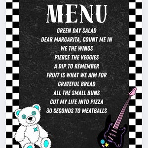 以下が含まれることがあります： 黒い背景と白と黒のチェック柄のボーダーが付いたメニュー。 「MENU」という単語が上部に大きな白い文字で表示されています。 メニュー項目は、下の白いテキストにリストされています。 ターコイズのアクセントが付いた白いテディベアと黒いギターが一番下にあります。