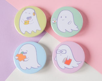 Hex the Ghost, 38mm button badge, 4 different designs, coffee Hex, music Hex, book Hex, Pumpkin Hex