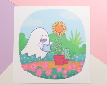 Hex the Ghost art print - gardening, sunflower growing, kawaii illustration, small square print, home decor, cute ghost print