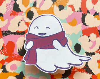 Ghost sticker, 10cm large vinyl sticker, ghost with scarf, autumnal ghost, cosy ghost, large vinyl decal