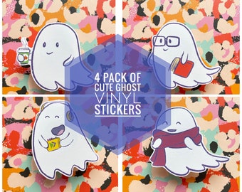 Ghost sticker pack, ghost with pumpkin latte, ghost with scarf, ghost with book, ghost with tape player, large vinyl sticker, large decal