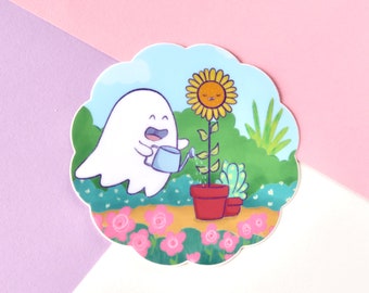 Hex the Ghost gardening sticker, cute ghost sticker, die-cut matte vinyl, waterproof, ghost with sunflower, kawaii ghostie, decal, halloween