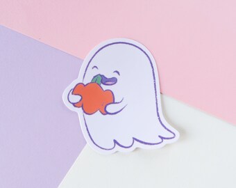 Hex the Ghost with a pumpkin, cute ghost sticker, die-cut glossy vinyl sticker, kawaii ghostie, decal, halloween