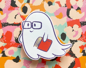 Ghost sticker, ghost with glasses, ghost with a book, reading ghost, large vinyl sticker, large vinyl decal
