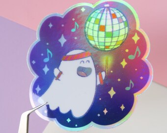 Hex the Ghost DISCO! sticker, cute ghost sticker, die-cut gloss vinyl, waterproof, holographic sticker, kawaii ghostie, decal, halloween