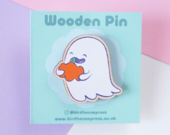 Cute kawaii ghost with Pumpkin wooden pin - Hex the Ghost - Halloween badge - spoopy season - Fall Autumn accessories