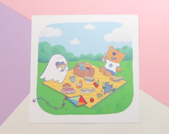 Hex the Ghost art print - picnic, summer trip, kawaii illustration, small square print, home decor, cute ghost print