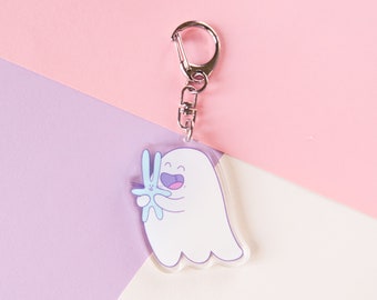 Cute Ghost with blue bunny keyring, kawaii ghostie keychain, spoopy ghost charm, ghost keyring, blue rabbit toy,