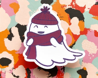 Ghost sticker, 8cm vinyl sticker, ghost with hat and scarf, cosy ghostie, vinyl decal