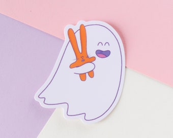 Hex the Ghost with orange bunny, cute ghost sticker, die-cut glossy vinyl sticker, kawaii ghostie, decal, halloween