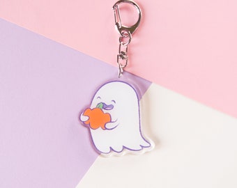 Cute Ghost with a Pumpkin keyring, kawaii ghostie keychain,  spoopy ghost charm, pumpkin keyring, ghost keyring,