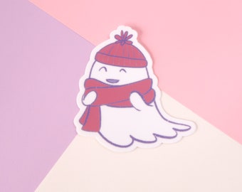 Hex the Ghost- cosy ghost, bobble hat and scarf, cute ghost sticker, die-cut matte vinyl, waterproof, kawaii ghostie, decal, halloween