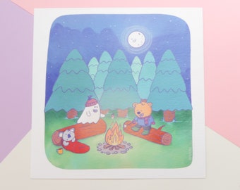 Hex the Ghost art print - camping, campfire, kawaii illustration, small square print, home decor, cute ghost print