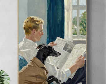 Original Hand-Painted Oil Painting, Man Reading With Black Whippet, Large Realistic Portrait, Calm Indoor Scene, Luxurious Wall Art